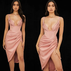 HOUSE OF CB XS PLUS CUP  ‘Faye’ Rose Satin‎ Pleated Midi Dress NWOT